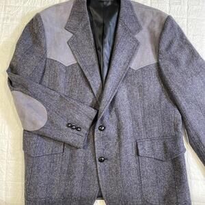 Pendleton Blazer Men's 48 Gray/Blue Tweed Herringbone Wool Suede Western Jacket